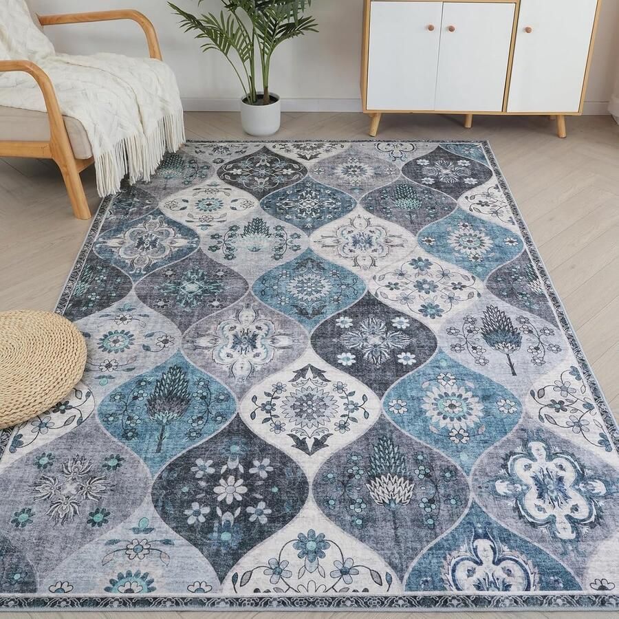 Vloerkleed Bloemen Boho Antislip Wasbaar 80 x 150 cm Ultrazacht Vintage Tapijt voor Woonkamer en Slaapkamer