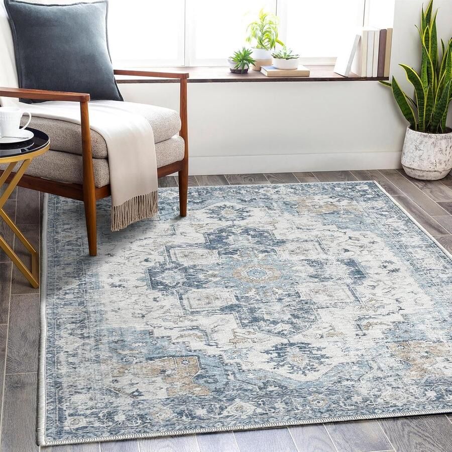 Vloerkleed Bloemen Vintage Tapijt 120 x 180 cm Blauw