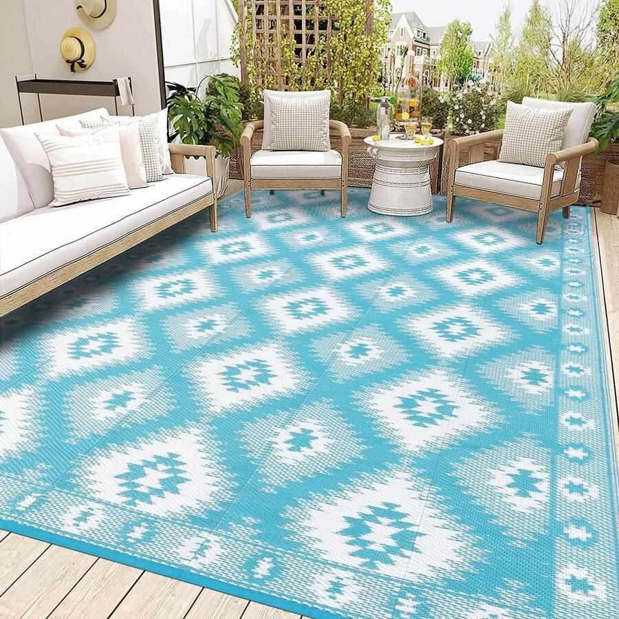 Vloerkleed buiten groot blauw 180 x 270 cm omkeerbaar weerbestendig- uv-bestendig- kunststof- camping tapijt- balkon- terras- tuin