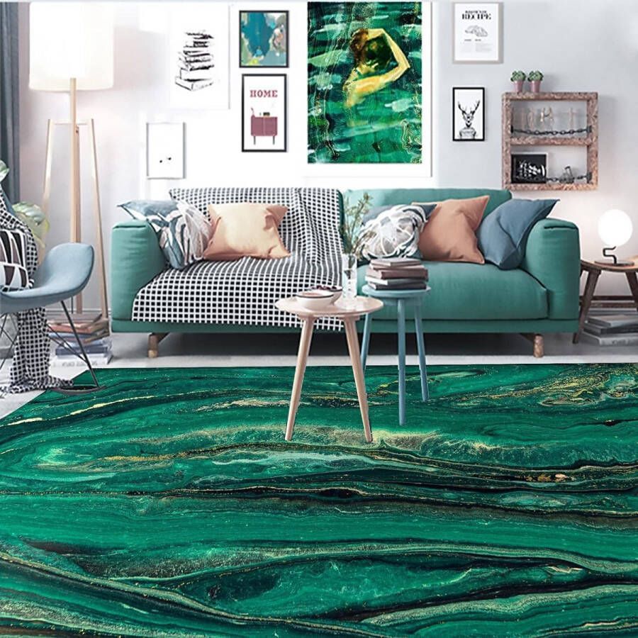 Vloerkleed donkergroen tapijt modern woonkamer 140 x 200 cm laagpolig wasbaar tapijt jadegroen rok-patroon abstract patroon tapijt voor slaapkamer eetkamer kinderkamer