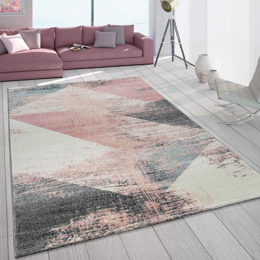 Vloerkleed Grijs Wit Roze Pastel Driehoekpatroon Vintage-Design Laagpolig 80x150 cm