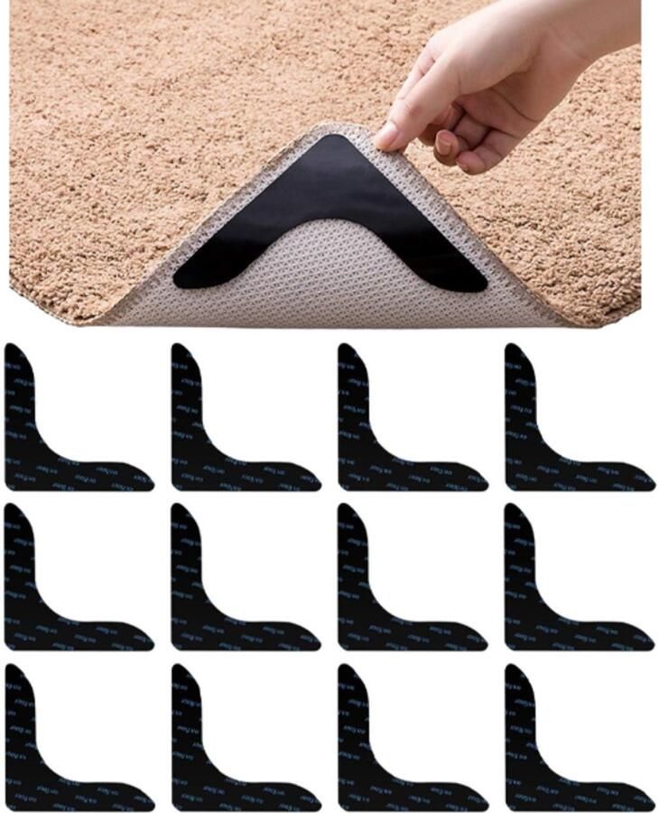 Vloerkleed Grip 12 stuks -Antislip Tapijtbanden Antislip Tapijtstickers Voor Tapijt Tegelvloeren Antisliponderleggers Anti-krulmatten Antislip Tapijt Hoek Sticker Anti-krullende Tapijtgrijper Zwart