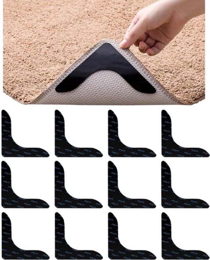 Vloerkleed Grip 12 stuks -Antislip Tapijtbanden Antislip Tapijtstickers Voor Tapijt Tegelvloeren Antisliponderleggers Anti-krulmatten Antislip Tapijt Hoek Sticker Anti-krullende Tapijtgrijper Zwart