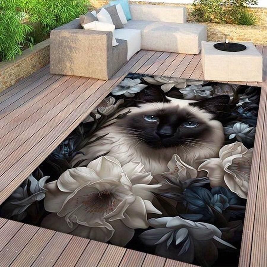 Vloerkleed kat poes Siamees bloemen antislip tapijt keukenkleed salontafel kleed woonkamer slaapkamer- 120 x 160