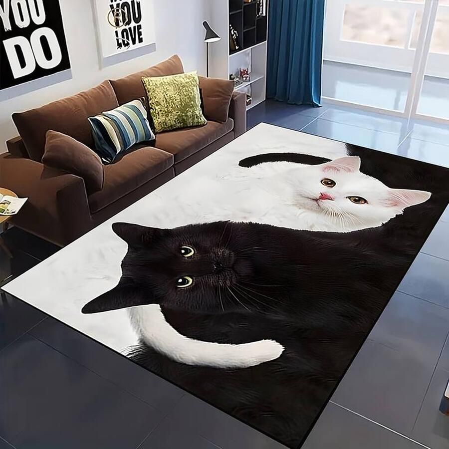 Vloerkleed kat zwarte kat witte kat poes poezen katten antislip tapijt keukenkleed salontafel kleed woonkamer slaapkamer 80 x 120 cm