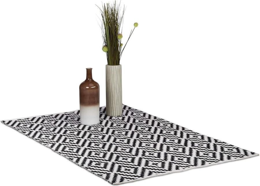 Vloerkleed katoen antislip 120 x 180 cm voor hal gang woonkamer zwart-wit met Relaxdays tapijt met patroon vloerkleed