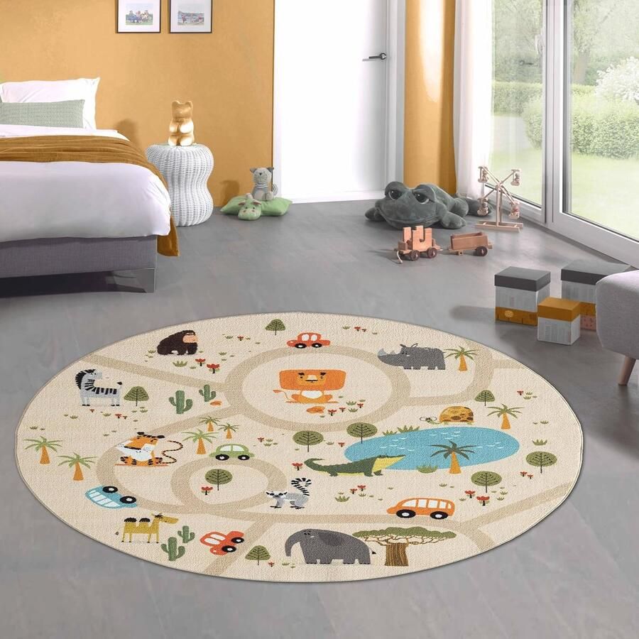 Vloerkleed Kinderen Speeltapijt Antislip Wasbaar Safari Jungle Beige 160 cm Rond