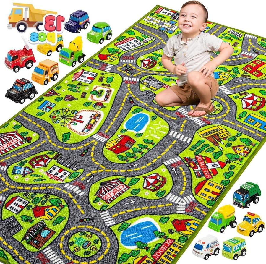 Vloerkleed kinderkamer 80 x 150 cm met mini-autospeelgoed speeltapijt straat kindertapijt jongens meisjes slaapkamer speelkamer vanaf 3 jaar