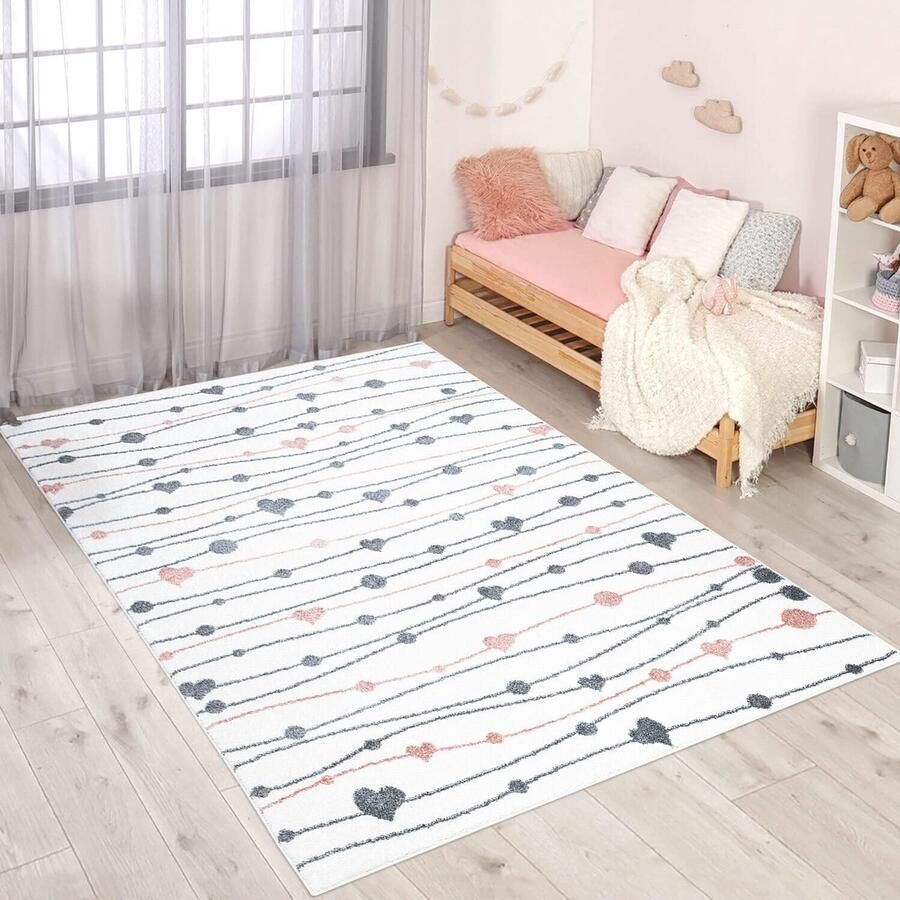 Vloerkleed kinderkamer harten crème 120x160 cm kindertapijt laagpolig met stippen strepen zachte pool
