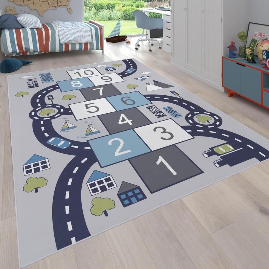 Vloerkleed Kinderkamer Speelvloerkleed met Hinkelbaan en Straten Grijs 80x150 cm