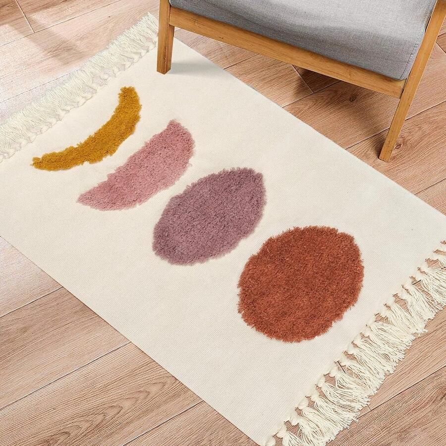 Vloerkleed klein 60 x 90 cm boho beige maangetuft katoenen vloerkleed met geweven kwastjes wasbaar vloerkleed voor badkamer keuken woonkamer slaapkamer hal eetkamer