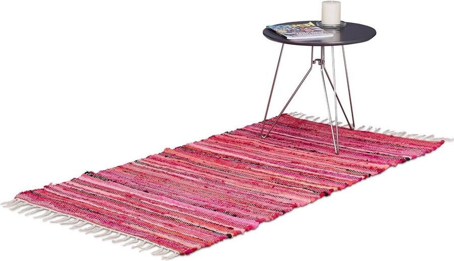Vloerkleed laagpolig 70 x 140 cm met franjes meerkleurig smal van polyester en katoen loper tapijt rood Relaxdays langwerpig hoogpolig vloerkleed