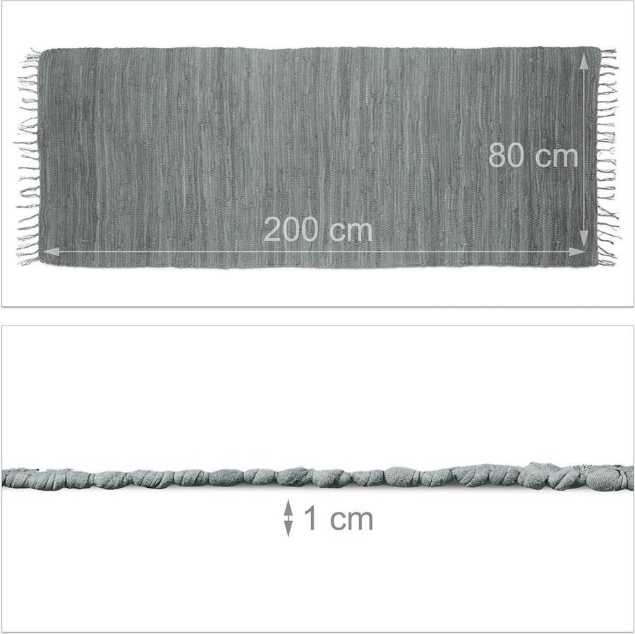 Vloerkleed laagpolig antislip onderkant met franjes Effen katoen 80 x 200 cm Grijs Relaxdays vloerkleed
