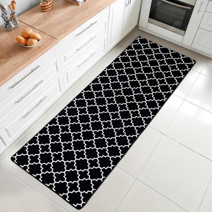 Vloerkleed laagpolig geometrisch antislip gang tapijt zwart en wit 80 x 300 cm Miqna vloerkleed