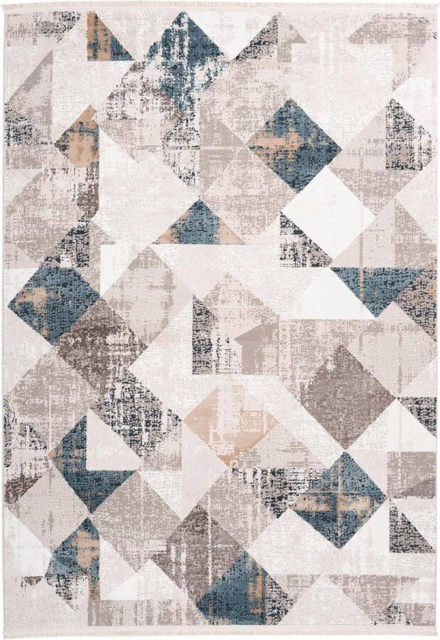 Vloerkleed laagpolig geometrisch patroon bedmat Scandinavisch design met franjes pastel woonkamer eetkamer slaapkamer grijs blauw taupe afmetingen: 80 x 150 cm