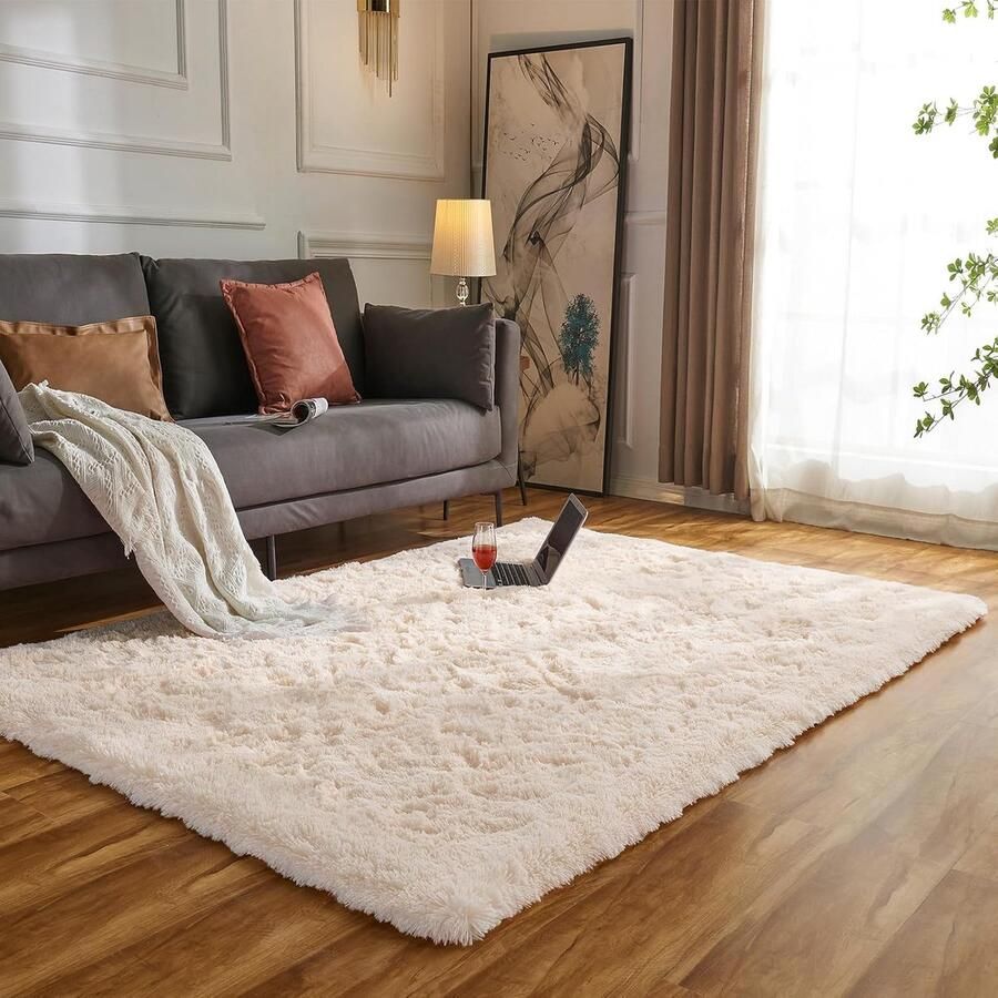 Vloerkleed modern design rechthoekig hoogpolig shaggy tapijt voor de woonkamer langpolig wollig antislip slaapkamertapijt 80 x 120 cm beige