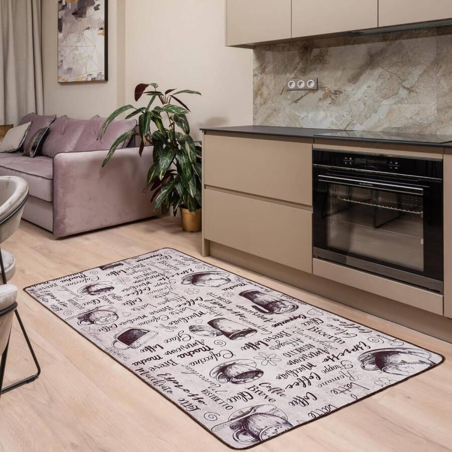 Vloerkleed modern keukentapijt gel loper keukenloper grijs wit zwart met antislip bodempatroon met opschrift Coffee Macchiato (Conversation 80 x 300 cm)