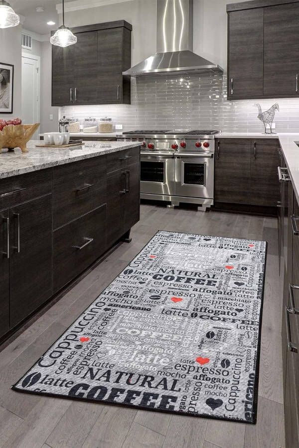 Vloerkleed Modern keukentapijt gelloper keukenloper grijs wit zwart met antislip vloerpatroon met opschrift koffie macchiato grijs 60 x 140 cm