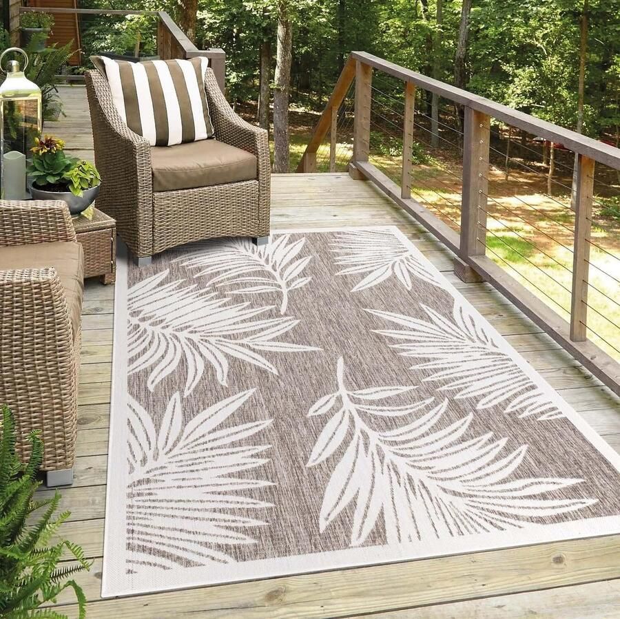 Goodivery Vloerkleed outdoor weerbestendig beige 120 x 170 cm palmbladeren balkontapijt waterafstotend voor binnen en buiten voor terras tuin keuken badkamer of woonkamer