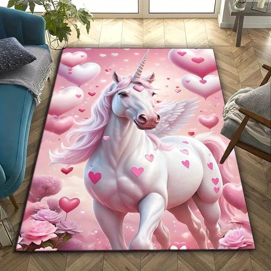Vloerkleed paard eenhoorn unicorn roze hartjes antislip tapijt keukenkleed salontafel kleed woonkamer slaapkamer 150 x 200 cm