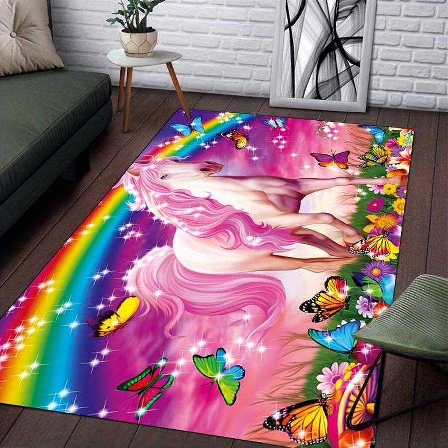 Vloerkleed paard regenboog vlinders antislip tapijt keukenkleed salontafel kleed woonkamer slaapkamer- 80 x 120cm