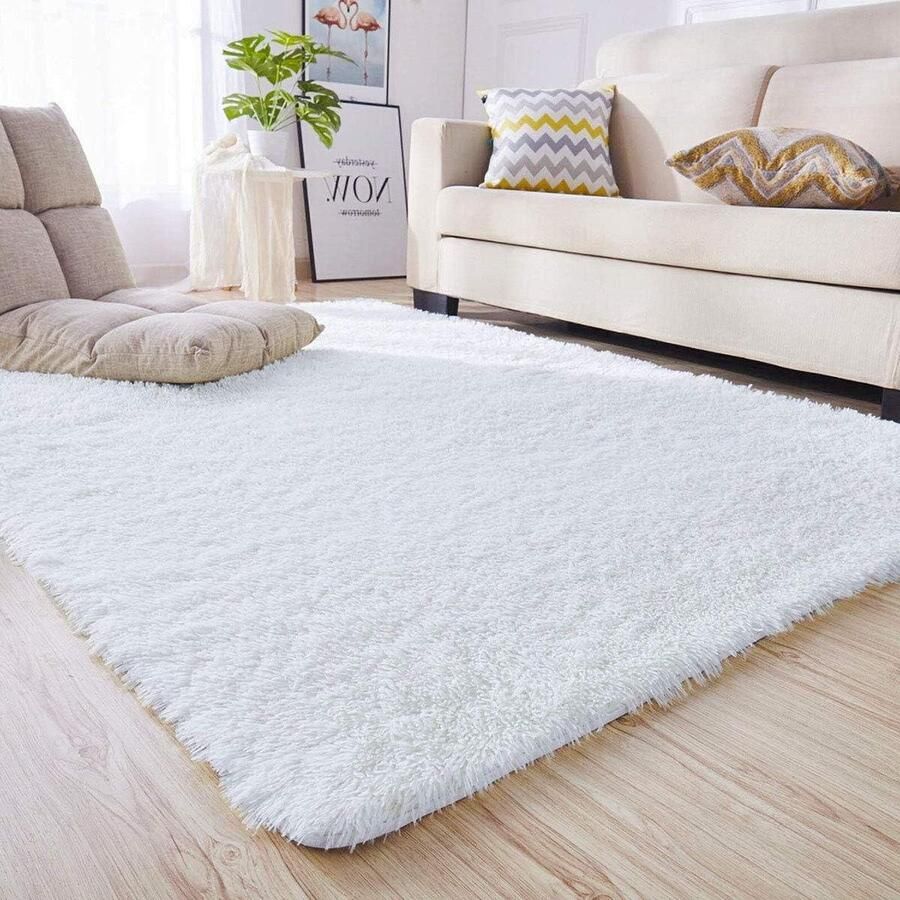 Vloerkleed voor slaapkamer hoogpolig wollig zacht antislip wasbaar Calore moderne tapijten wit 135 x 185 cm