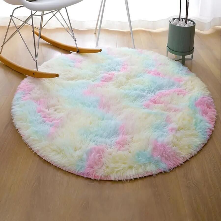 Vloerkleed regenboog rond tapijt pluizig pluche woondecoratie kamerdecoratie kinderkamer 100 x 100 cm - Foto 2