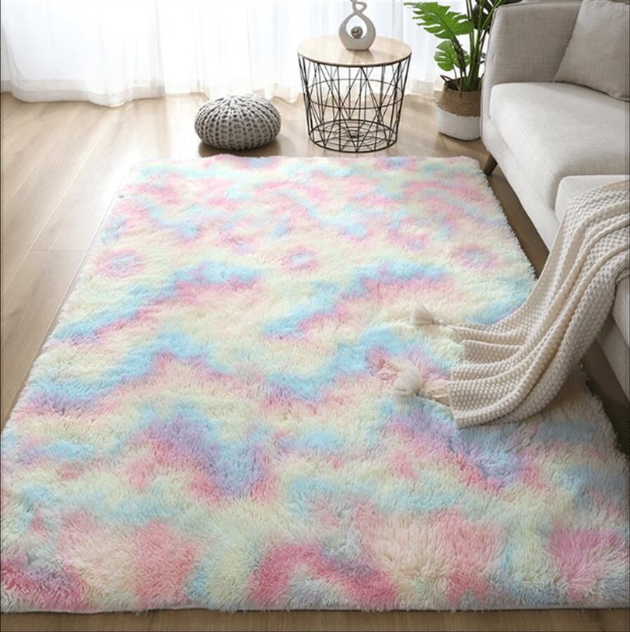 Vloerkleed regenboog tapijt pluizig pluche woondecoratie kamerdecoratie kinderkamer 80 x 160 cm - Foto 3