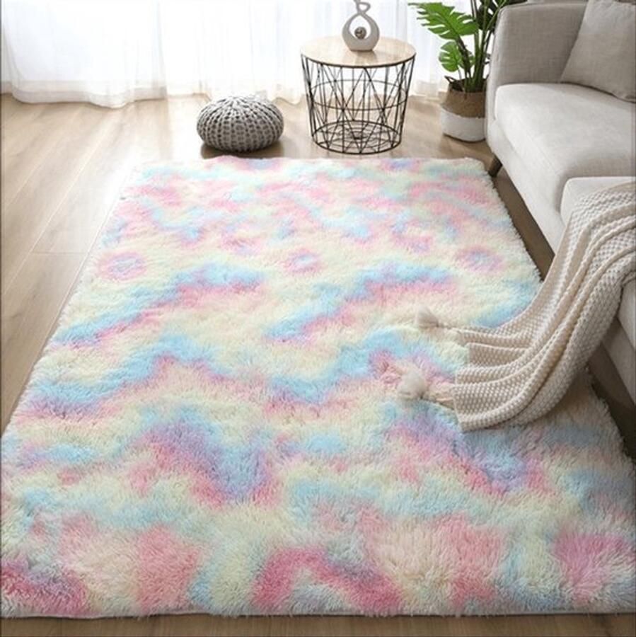 Vloerkleed regenboog rond tapijt pluizig pluche woondecoratie kamerdecoratie kinderkamer 100 x 100 cm