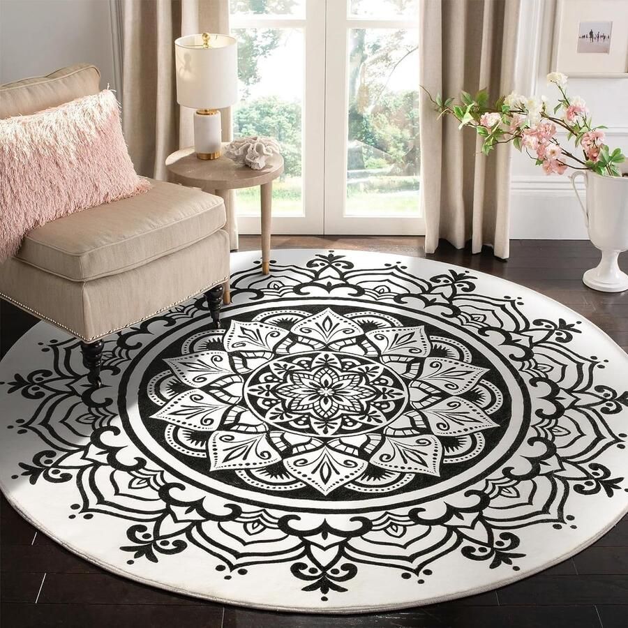 Vloerkleed rond 150 cm zacht en wollig tapijt gebied cirkel antislip wasbaar Boheems mandala vloertapijt woonkamer slaapkamer (zwart mandala)