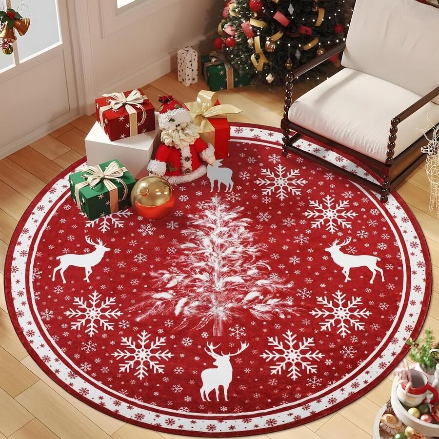 Vloerkleed rond 160 cm kersttapijt rood tapijt woonkamer wasbaar zacht kerstboom sneeuw laagpolig voor eetkamer kinderkamer