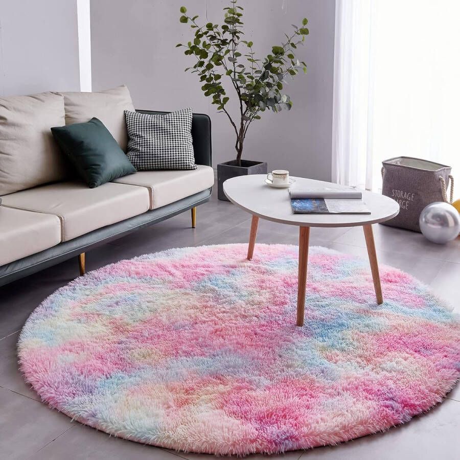 Vloerkleed rond hoogpolig woonkamertapijt hoogpolig tapijten voor woonkamer donzig hoogpolig slaapkamer bedkleed buitentapijt (Ø 100 cm rond regenboog)