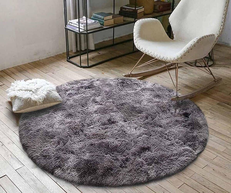 Vloerkleed rond pluizig hoogpolig langpolig moderne tapijten voor woonkamer slaapkamer eetkamer of kinderkamer getest op schadelijke stoffen (grijs-zwart 160 cm)