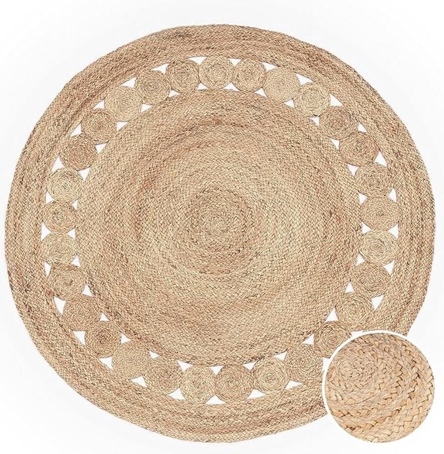 Vloerkleed Rond Woonkamer Jute Boho Ethno Handgemaakt Natuurlijk Vloerkleed Maat:Ø 120 cm rondje Kleur:Natuur