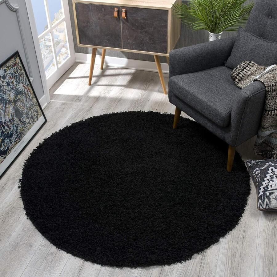 Vloerkleed rond zwart hoogpolig moderne tapijten voor woonkamer slaapkamer 120x120 cm