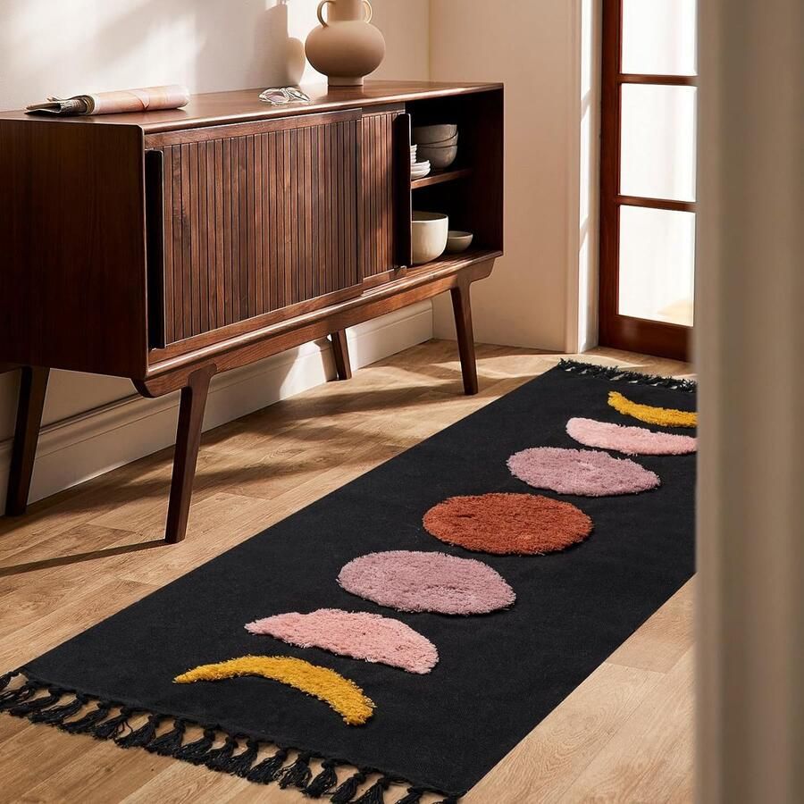 Vloerkleed Runner Hal Lang 60 x 150 cm Boho Black Moon Getuft Katoenen Tapijt met Geweven Kwastjes Wasbaar Tapijt voor Badkamer Keuken Woonkamer Slaapkamer Hal Eetkamer
