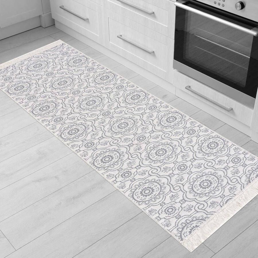 Vloerkleed Runner Vloerkleden voor woonkamer slaapkamer keuken kinderkamer badkamer Boho Kelim Tapijten Runner Halkleed Lichtgrijs Crème Afmeting: 60 x 90 cm