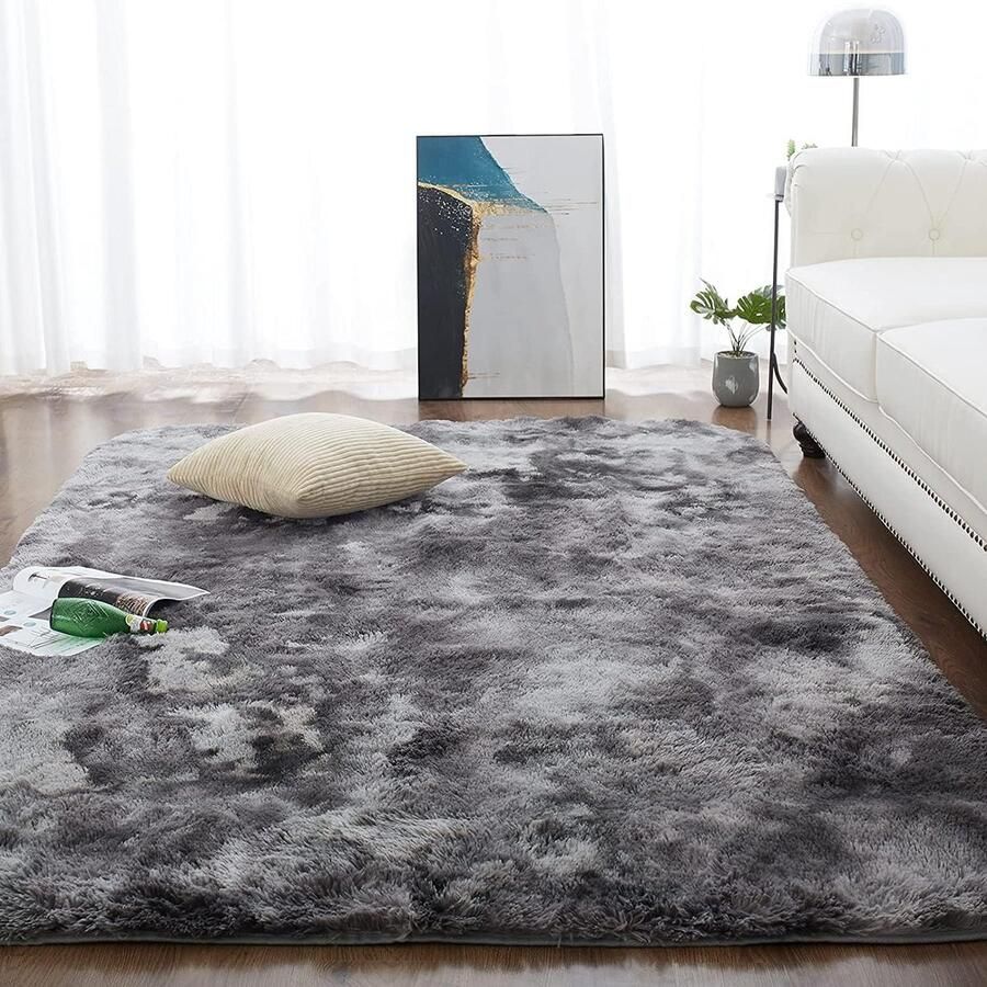 Vloerkleed Shaggy Hoogpolig Tapijt voor Woonkamer en Kinderkamer Modern en Pluizig Donkergrijs Zwart 90 x 150 cm