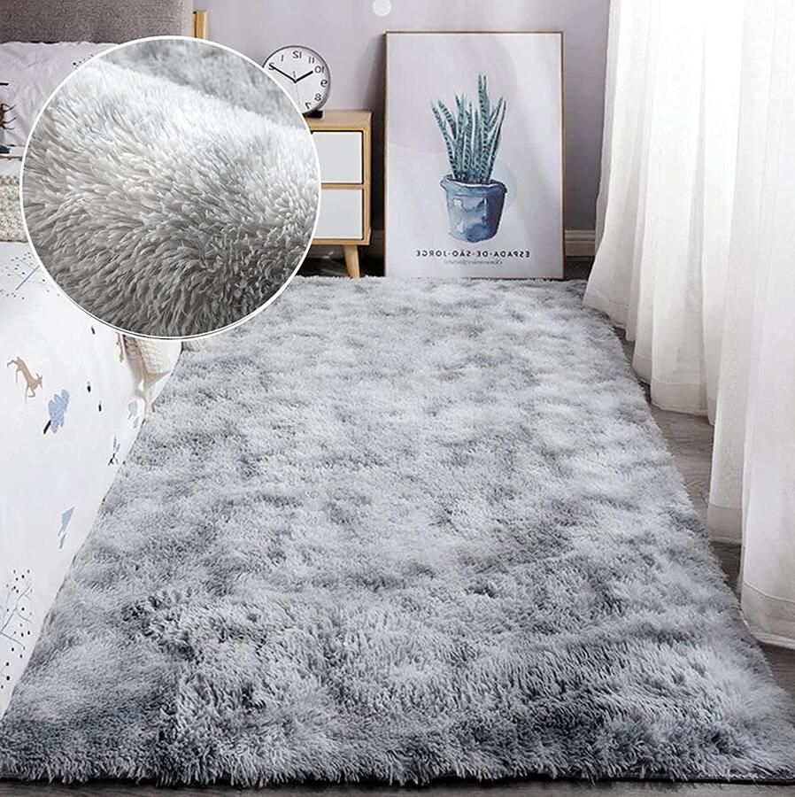 Vloerkleed shaggy modern design lang zacht antislip groot tapijt grijs wit 80 x 120 cm vloerkleed