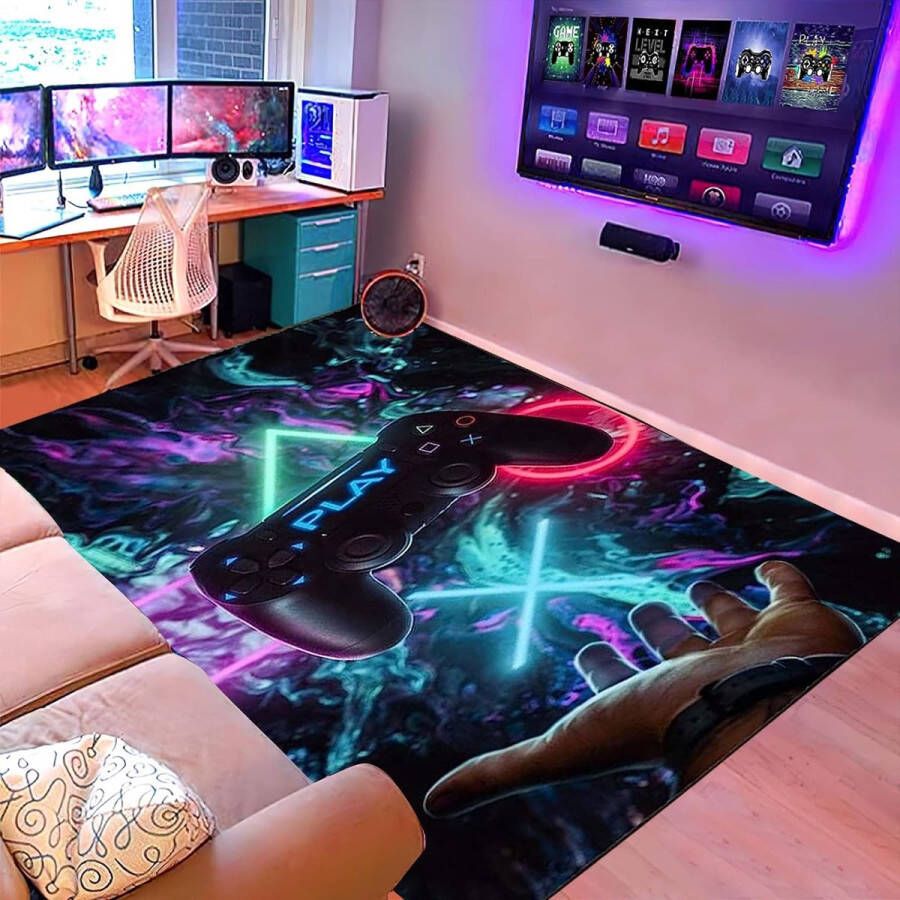 Vloerkleed slaapkamer modern gamer 3D-controller tieners kinderen jongens woonkamer antislip graffiti spelconsole decoratie karpetten zwart paars roze flanel (A 120 x 160