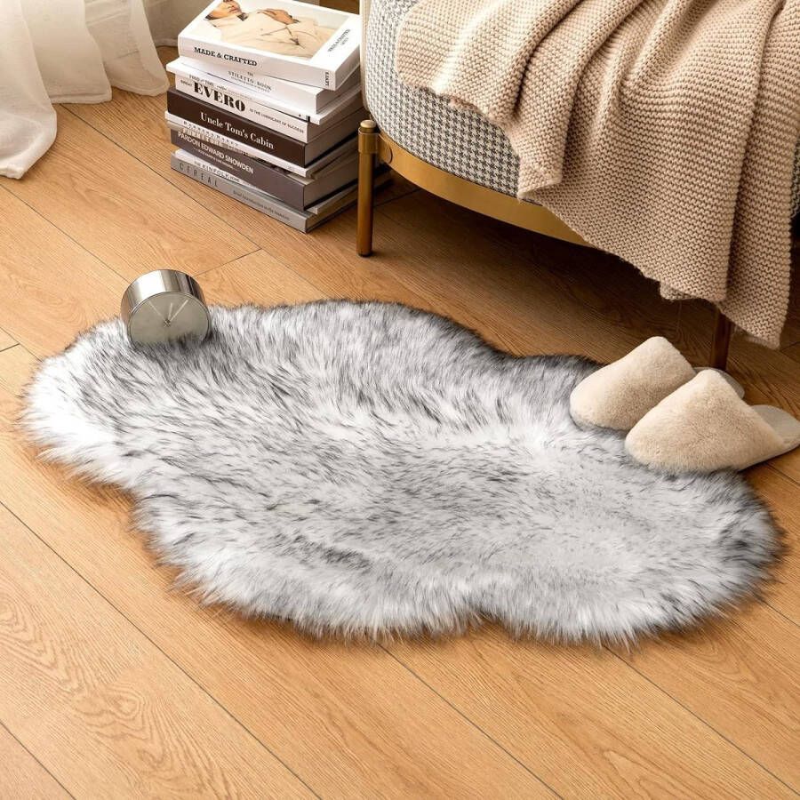 Vloerkleed Tapijt 60x90cm Imitatiebont Suède Badkamer Slaapkamer Woonkamer Decoratie Zacht en Warm Kleed Wit Grijs