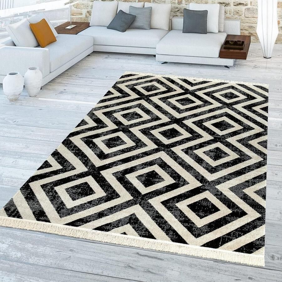 Vloerkleed Tapijt voor Binnen en Buiten Ruitjes Soft Scandi Geometrisch Ø 200 cm Rond