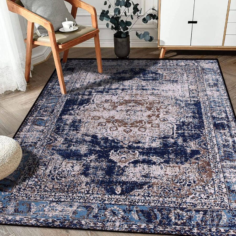 Vloerkleed vintage antislip laagpolig tapijt voor slaapkamer woonkamer eetkamer keuken entree (retro marineblauw 160 x 200 cm)