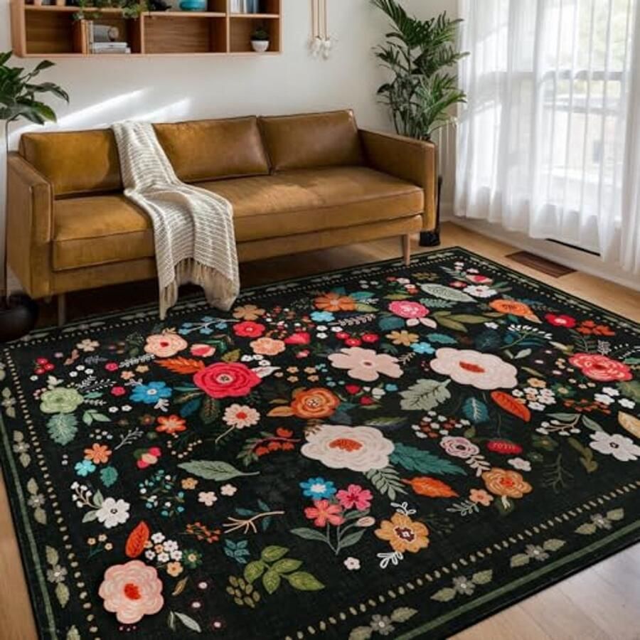 Vloerkleed Vintage Bloemen Laagpolig Wasbaar 200 x 290 cm Zwart