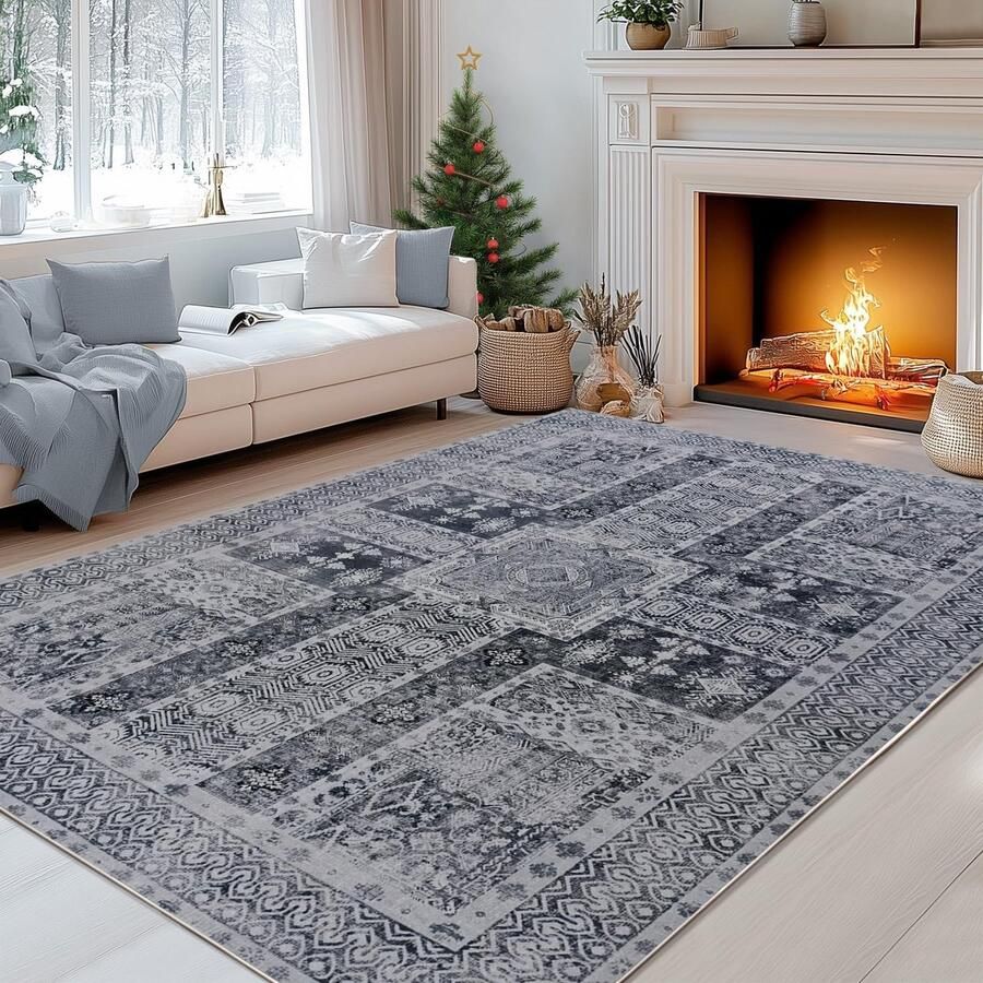 Vloerkleed vintage grijs wasbaar en antislip 140 x 200 cm