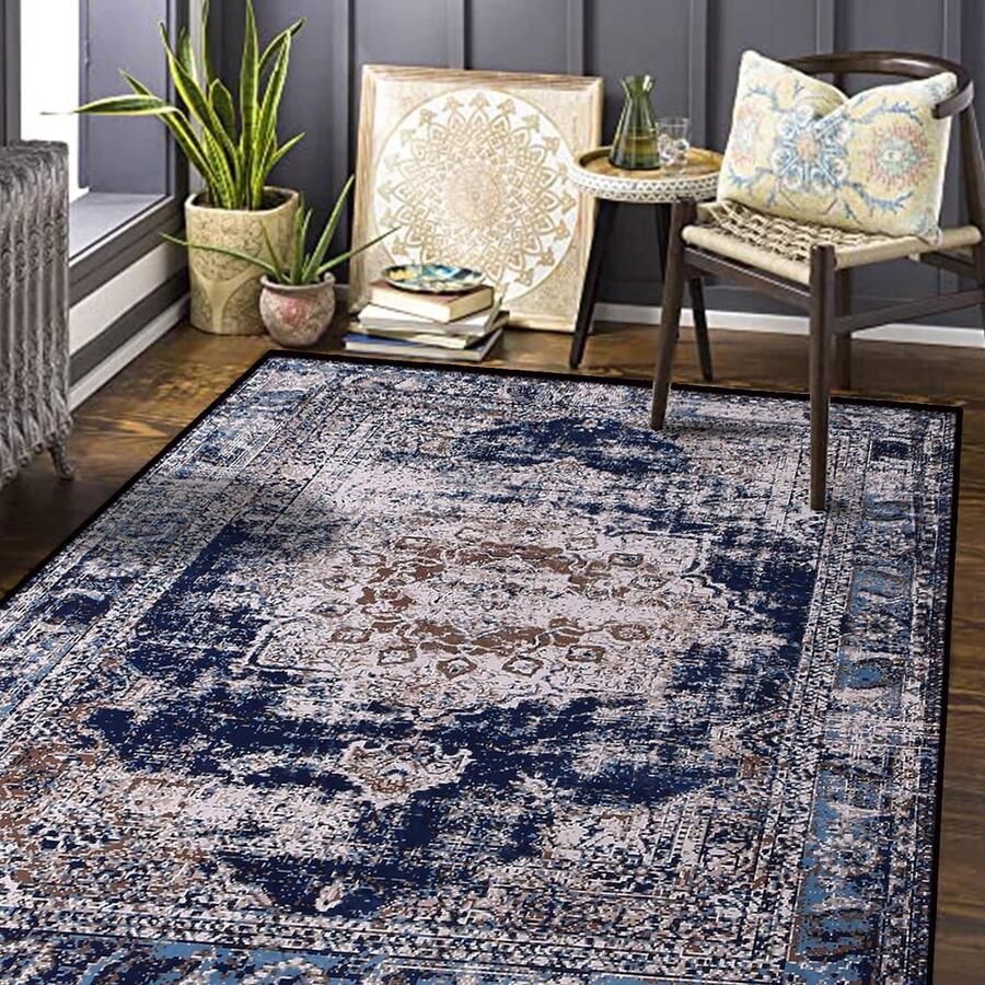 Vloerkleed vintage laagpolig tapijt Calore retro marineblauw 160 x 200 cm vloerkleed