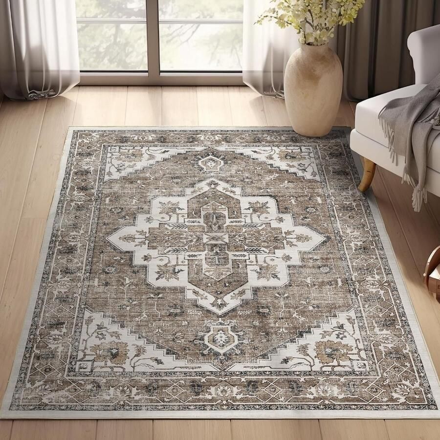 Vloerkleed vintage licht en dun 90 x 150 cm bruin wasbaar