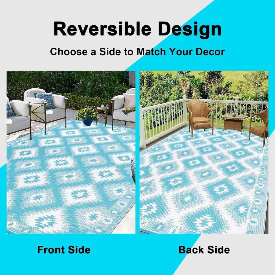 Vloerkleed voor buiten groot blauw 180 x 270 cm omkeerbaar weerbestendig en uv-bestendig tapijt van kunststof voor buiten camping tapijt voor balkon terras tuin