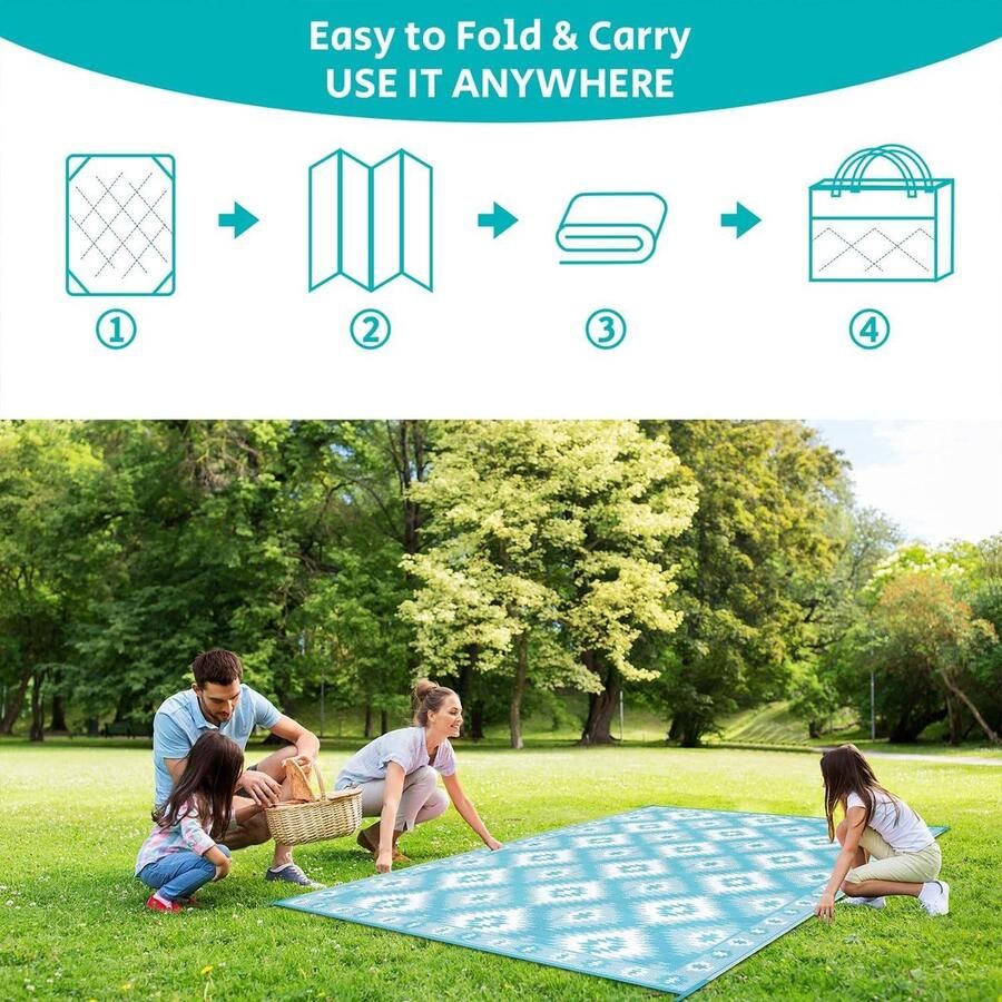 Vloerkleed voor buiten groot blauw 180 x 270 cm omkeerbaar weerbestendig uv-bestendig kunststof vloerkleed voor buiten camping tapijt voor balkon terras tuin vloerkleed