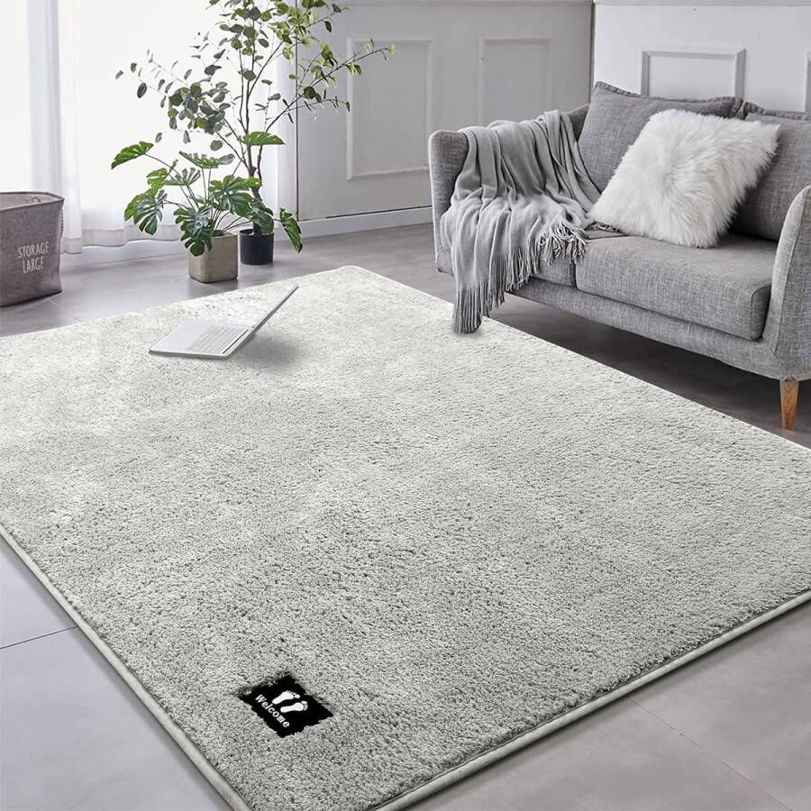 Vloerkleed voor de woonkamer 160 x 120 cm modern pluizig laagpolig tapijt wasbaar zacht eenkleurig woonkamertapijt lichtgrijs tapijt slaapkamer